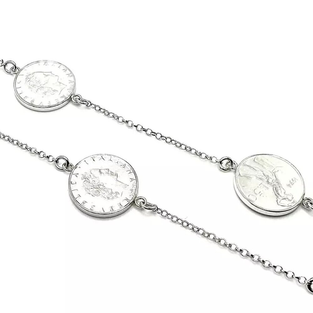 Sterling Silver 925 Italian 50 Lira Coin Station Necklace 26”